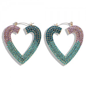 Rhinestone Heart Shape Hollow Fashion Women Statement Earrings - Blue