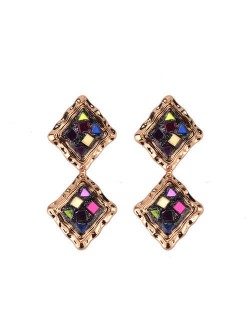 Colorful Gems Embellished Dual Squares Design Vintage Fashion Women Earrings
