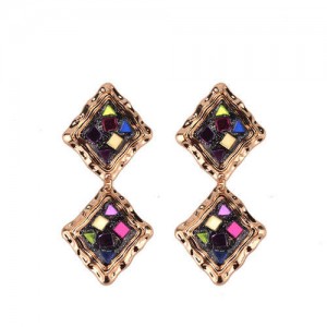 Colorful Gems Embellished Dual Squares Design Vintage Fashion Women Earrings