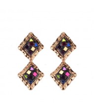 Colorful Gems Embellished Dual Squares Design Vintage Fashion Women Earrings