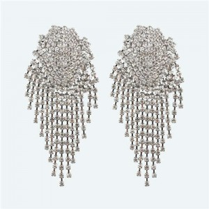 Glistening Rhinestone Bold Fashion Women Tassel Earrings - White