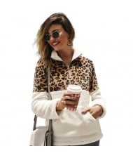 Leopard Prints Jointed Design High Fashion Hooded Long Sleeves Women Top - White
