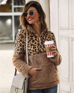 Leopard Prints Jointed Design High Fashion Hooded Long Sleeves Women Top - Khaki