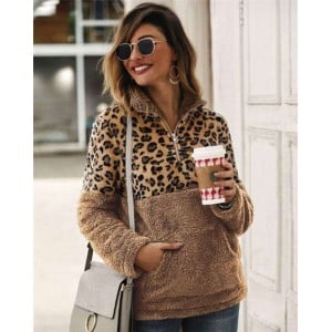 Leopard Prints Jointed Design High Fashion Hooded Long Sleeves Women Top - Khaki
