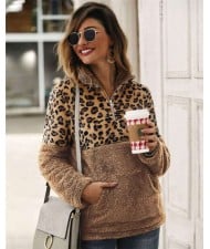 Leopard Prints Jointed Design High Fashion Hooded Long Sleeves Women Top - Khaki