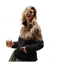 Leopard Prints Jointed Design High Fashion Hooded Long Sleeves Women Top - Black