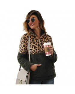 Leopard Prints Jointed Design High Fashion Hooded Long Sleeves Women Top - Green