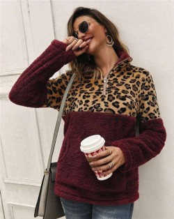 Leopard Prints Jointed Design High Fashion Hooded Long Sleeves Women Top - Wine Red
