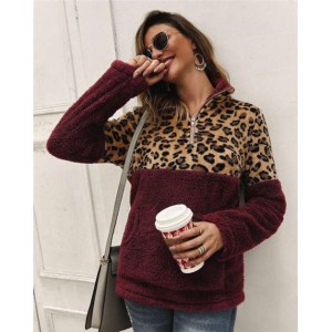 Leopard Prints Jointed Design High Fashion Hooded Long Sleeves Women Top - Wine Red