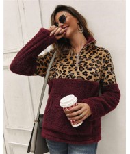 Leopard Prints Jointed Design High Fashion Hooded Long Sleeves Women Top - Wine Red