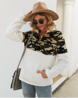 Camouflage Prints Jointed Design High Fashion Hooded Long Sleeves Women Top - White
