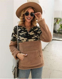 Camouflage Prints Jointed Design High Fashion Hooded Long Sleeves Women Top - Khaki