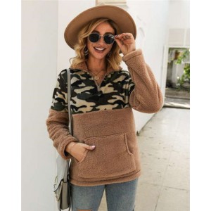 Camouflage Prints Jointed Design High Fashion Hooded Long Sleeves Women Top - Khaki