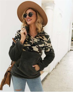 Camouflage Prints Jointed Design High Fashion Hooded Long Sleeves Women Top - Army Green