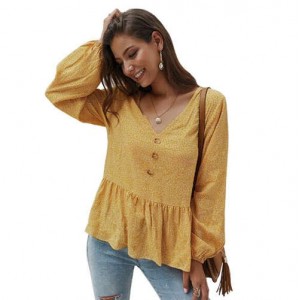Small Flowers Pattern V-neck Long Sleeves Women Blouse - Yellow