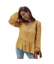 Small Flowers Pattern V-neck Long Sleeves Women Blouse - Yellow