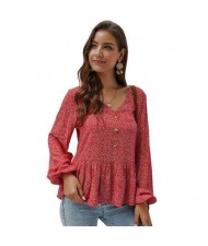 Small Flowers Pattern V-neck Long Sleeves Women Blouse - Red