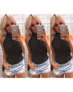 Floral Hollow Lace Design Sleeveless Women Tight Top - Black