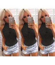 Floral Hollow Lace Design Sleeveless Women Tight Top - Black
