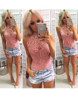 Floral Hollow Lace Design Sleeveless Women Tight Top - Pink