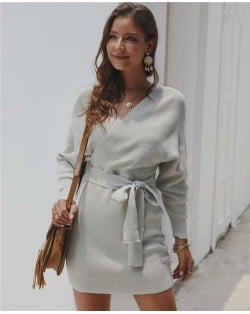 V-neck Waistband Decorated Winter Fashion One-piece Women Dress - Gray
