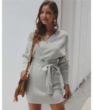 V-neck Waistband Decorated Winter Fashion One-piece Women Dress - Gray
