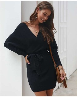 V-neck Waistband Decorated Winter Fashion One-piece Women Dress - Black