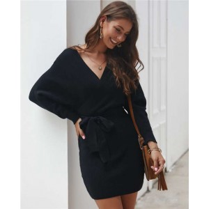 V Neck Waistband Decorated Winter Fashion One Piece Women Dress Black