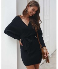 V-neck Waistband Decorated Winter Fashion One-piece Women Dress - Black
