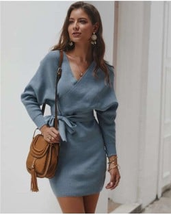 V-neck Waistband Decorated Winter Fashion One-piece Women Dress - Blue
