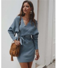 V-neck Waistband Decorated Winter Fashion One-piece Women Dress - Blue
