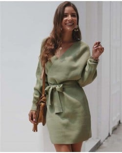 V-neck Waistband Decorated Winter Fashion One-piece Women Dress - Green