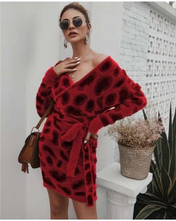 Leopard Prints V-neck Waistband Decorated Winter Fashion One-piece Women Dress - Red