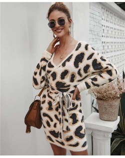 Leopard Prints V-neck Waistband Decorated Winter Fashion One-piece Women Dress - Apricot