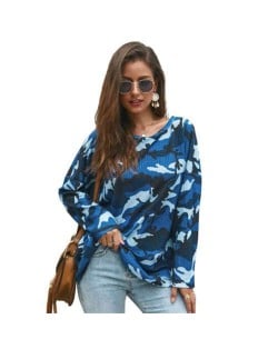 Long Sleeves Casual Style Camouflage Parttern Winter Fashion Women Shirt/ Top - Blue