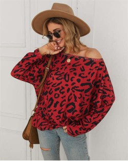 Long Sleeves Casual Style Leopard Prints Winter High Fashion Women Shirt/ Top - Red