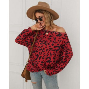 Long Sleeves Casual Style Leopard Prints Winter High Fashion Women Shirt/ Top - Red