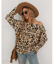 Long Sleeves Casual Style Leopard Prints Winter High Fashion Women Shirt/ Top - Apricot