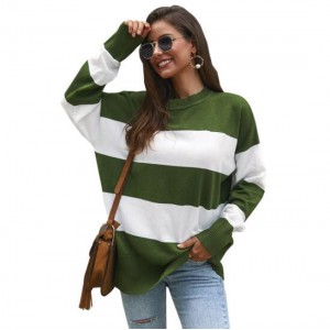 Strips Design Casual Style Long Sleeves High Fashion Women Top - Green