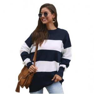 Strips Design Casual Style Long Sleeves High Fashion Women Top - Blue