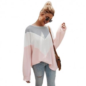 High Fashion Casual Style Long Sleeves Joint Design Women Sweater - Pink