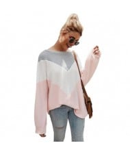 High Fashion Casual Style Long Sleeves Joint Design Women Sweater - Pink