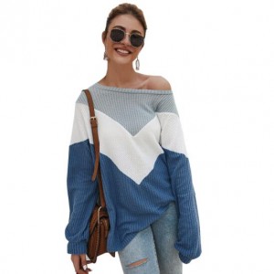 High Fashion Casual Style Long Sleeves Joint Design Women Sweater - Blue