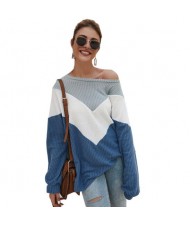 High Fashion Casual Style Long Sleeves Joint Design Women Sweater - Blue