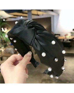 Artificial Pearl Embellished Bowknot Design Cloth Hair Hoop - Black
