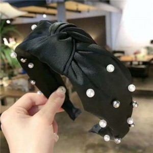 Artificial Pearl Embellished Bowknot Design Cloth Hair Hoop - Black