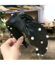 Artificial Pearl Embellished Bowknot Design Cloth Hair Hoop - Black