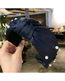 Artificial Pearl Embellished Bowknot Design Cloth Hair Hoop - Dark Blue