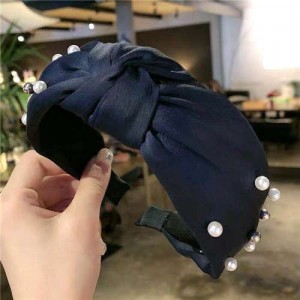 Artificial Pearl Embellished Bowknot Design Cloth Hair Hoop - Dark Blue