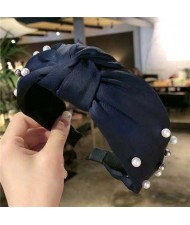 Artificial Pearl Embellished Bowknot Design Cloth Hair Hoop - Dark Blue